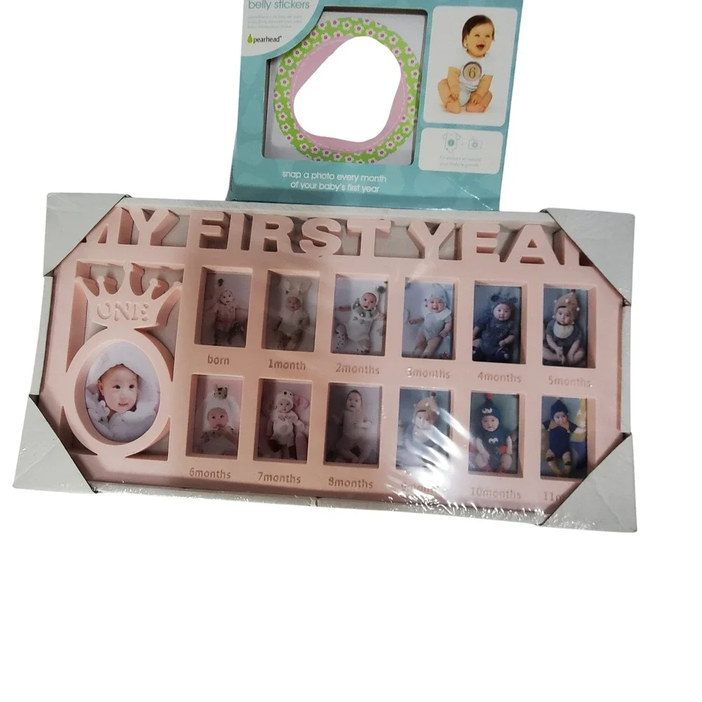Pearhead My First Year Baby Photo Frame & Belly Stickers Pink Crown‎ Gift